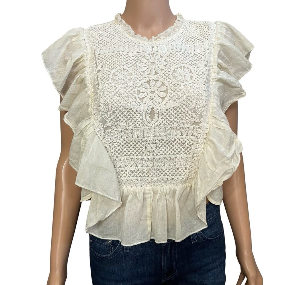 Joie Ruffle Crochet Lace Blouse XL Cropped Boho Cottagecore Prairie Vacation
